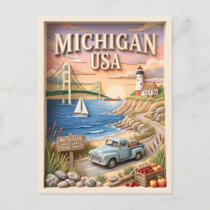 Michigan-Rundreise Mackinac Bridge Vintage-LKW Postkarte