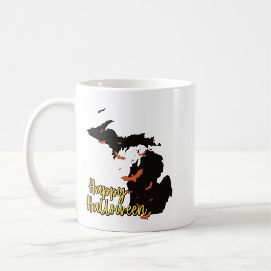 Michigan Staat Map Glückliche Halloween-Fledermäus Kaffeetasse (Links)