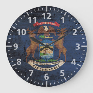 Michigan-Staats-Flagge auf altem hölzernem Korn Große Wanduhr