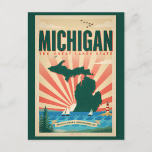 Michigan State Illustration Reise Kunst Vintage Postkarte