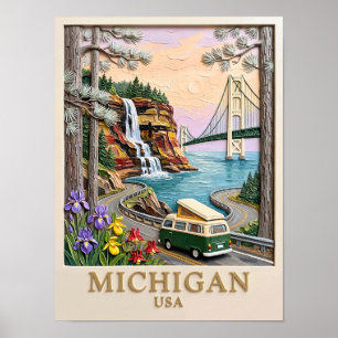 Michigan USA Roadtrip Pictured Rocks Vintage Van Poster