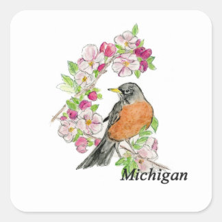Michigan-Vogel und -Blume Quadratischer Aufkleber