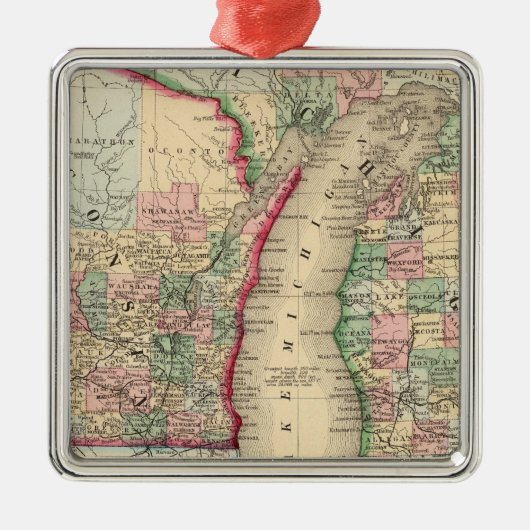 Michigan, Wisconsin Map von Mitchell Silbernes Ornament (Vorne)