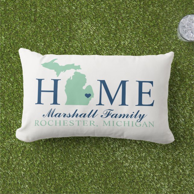 Michigan Zuhause Mint und Navy Custom Family Monog Kissen Für Draußen (Gras)