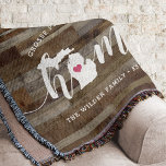 Michigan Zuhause Staat Personalisiert Rustic Wood  Decke<br><div class="desc">Zeigen Sie Zuhause-Staatsstolz mit diesem niedlichen rustikalen Imitat Holzplankendecke mit "Zuhause" in weißer Kalligrafie-Schrift, die mit einer Silhouette des Staat von Michigan stehend für den Buchstaben "O" zeigt. Eine rosa Herzillustrierung in der Staat-Karte vervollständigt das Design; Sie können die Herzposition in Ihrer Zuhause-Stadt ändern, indem Sie das Design-Tool öffnen und...</div>