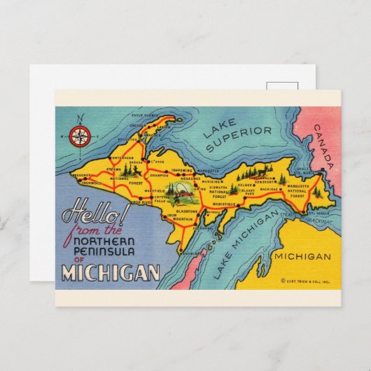 Michigan's Northern Halbinsel Karte Postkarte (Vorne/Hinten)