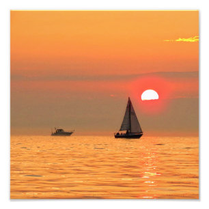 Michigansee-Sonnenuntergang und Boote Fotodruck