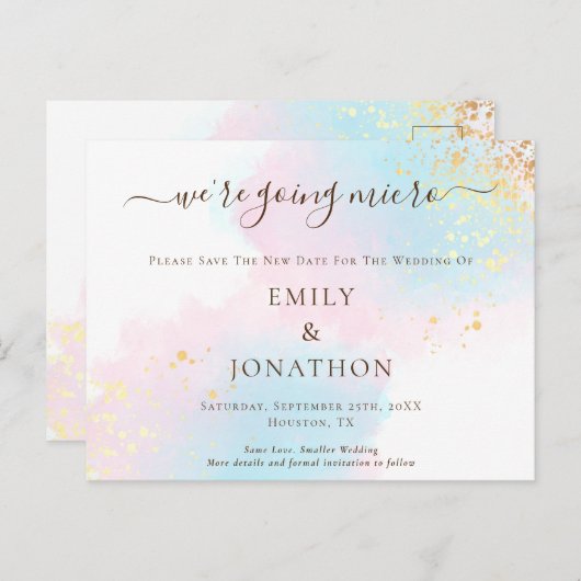 Micro Wedding Blue Pink Wasserfarbe Save the Date Ankündigungspostkarte (Vorne/Hinten)