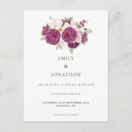 Micro Wedding Burgundy Floral Save the Date Ankündigungspostkarte
