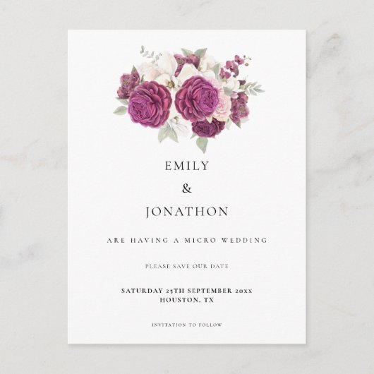 Micro Wedding Burgundy Floral Save the Date Ankündigungspostkarte (Vorderseite)