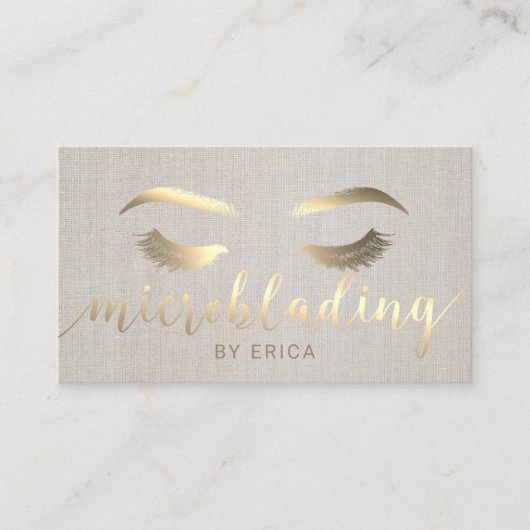 Microblading Brow Makeup Artist Gold Script Linen Visitenkarte (Vorderseite)