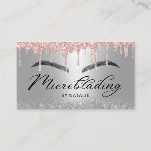 Microblading Rose Gold Tropfen Silbertypografie Visitenkarte (Vorderseite)