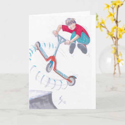 Microscooter-Cartoon Karte (Gelbe Blume)