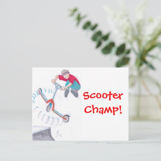 Microscooter-Cartoon Postkarte (Stehend Vorderseite)