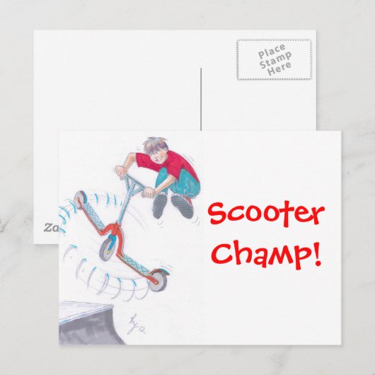 Microscooter-Cartoon Postkarte (Vorne/Hinten)