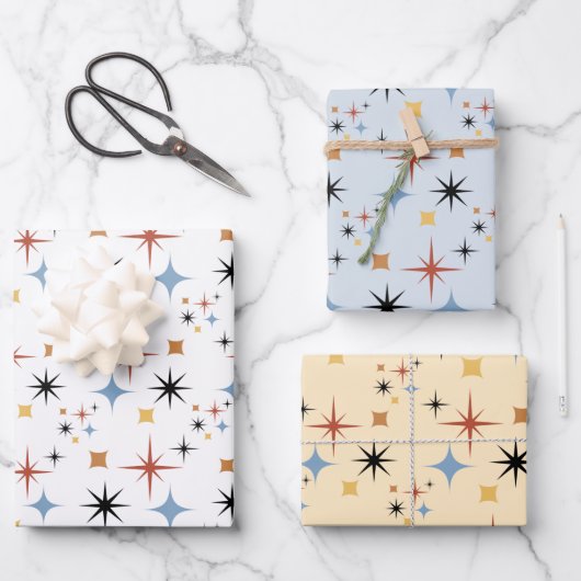 Mid Centry Moderner 50er Sternexplosion Atomzeitmu Geschenkpapier Set (Vorderseite)