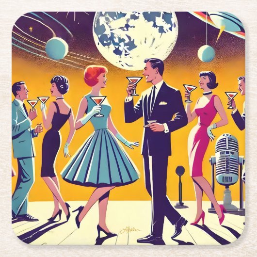 Mid Century 60s Space Age Cocktail Party Rechteckiger Pappuntersetzer (Vorderseite)