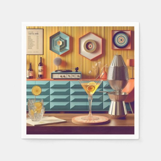Mid-Century-Atom-Retro-Futuristischer-Partyraum Serviette (Vorderseite)