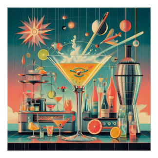 Mid Century Atomic Futuristic Citrus Martini Bar Poster