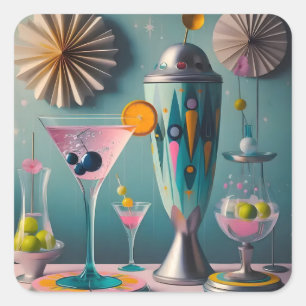 Mid Century Atomic Futuristische Cocktail-Zeit Quadratischer Aufkleber