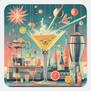 Mid-Century-Atomic-Futuristische-Zitrus-Martini-Ba Quadratischer Aufkleber