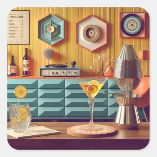 Mid Century Atomic Retro Futuristic Party Room Quadratischer Aufkleber (Vorderseite)