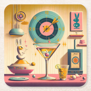 Mid Century Atomic Retro Futuristischer Kaninchen  Rechteckiger Pappuntersetzer