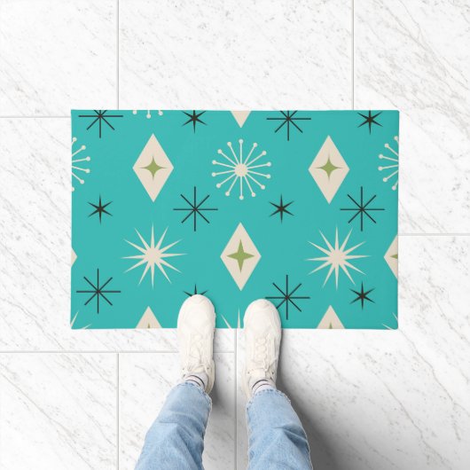 Mid Century Atomic Stars with diamonds on Teal  Fußmatte (Indoor)