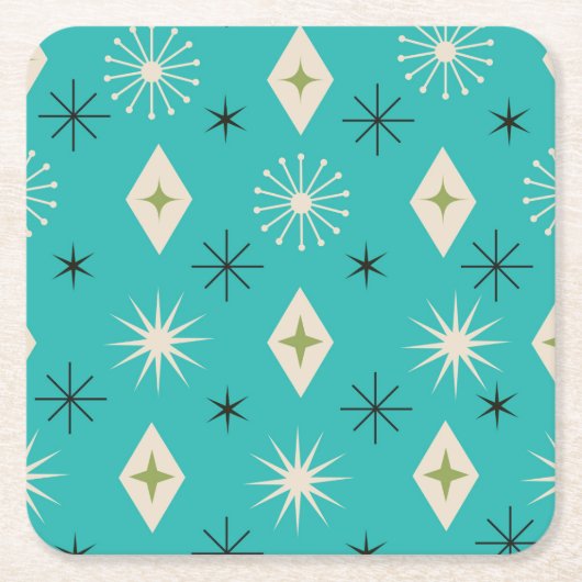 Mid Century Atomic Stars with diamonds on Teal  Rechteckiger Pappuntersetzer (Vorderseite)