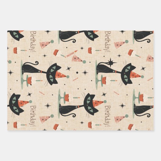 Mid-Century-Atomkatze-Geburtstagsmuster Geschenkpapier Set (Vorderseite)