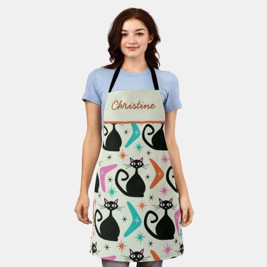 Mid Century Black Atomic Cats with Boomerangs Schürze (Getragen)