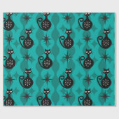 Mid Century Black Atomic Katzen auf Teal Ogee Geschenkpapier (Flach)