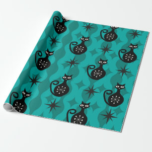 Mid Century Black Atomic Katzen auf Teal Ogee  Geschenkpapier