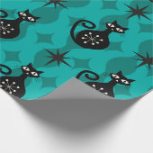 Mid Century Black Atomic Katzen auf Teal Ogee Geschenkpapier (Ecke)