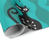 Mid Century Black Atomic Katzen auf Teal Ogee Geschenkpapier (Rolleneckpunkt)