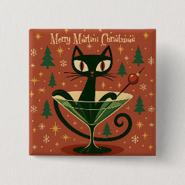 Mid Century Black Cat Merry Martini Christmas Button