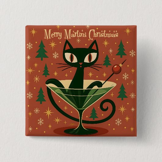 Mid Century Black Cat Merry Martini Christmas Button (Vorderseite)