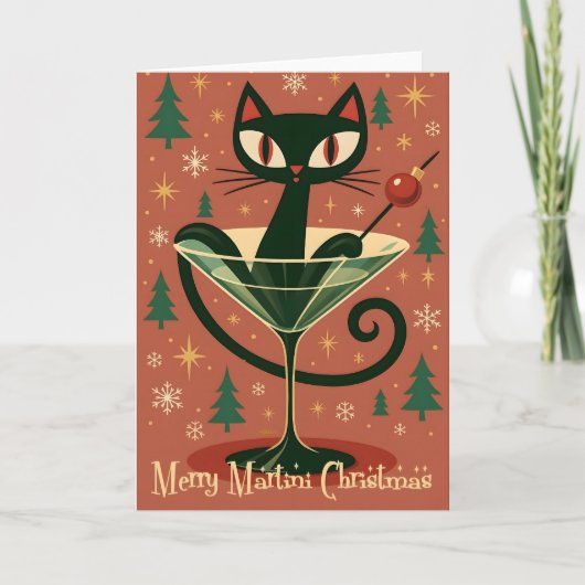 Mid Century Black Cat Merry Martini Christmas Karte (Vorderseite)