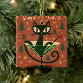 Mid Century Black Cat Merry Martini Christmas Keramikornament