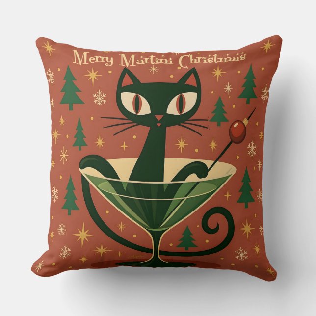 Mid Century Black Cat Merry Martini Christmas Kissen (Vorderseite)