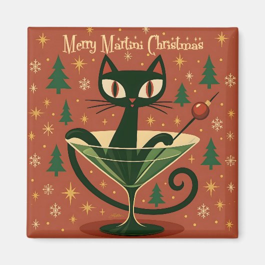 Mid Century Black Cat Merry Martini Christmas Magnet (Vorne)