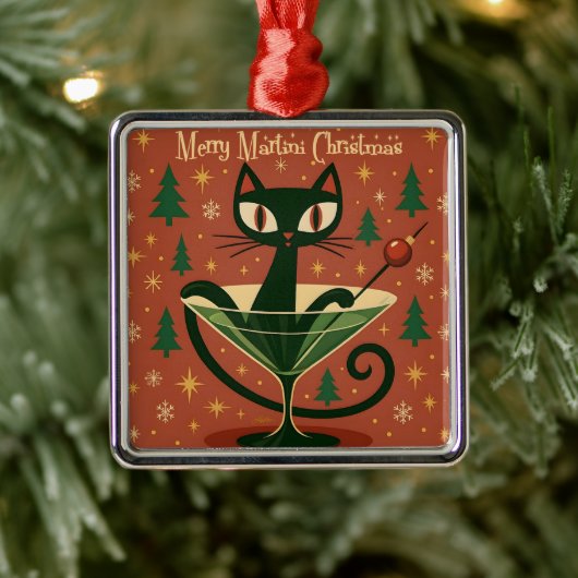 Mid Century Black Cat Merry Martini Christmas Ornament Aus Metall (Baum)
