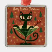 Mid Century Black Cat Merry Martini Christmas Ornament Aus Metall (Vorne)