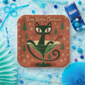 Mid Century Black Cat Merry Martini Christmas Pappteller (Party)