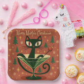 Mid Century Black Cat Merry Martini Christmas Pappteller (Party)