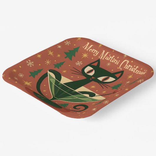 Mid Century Black Cat Merry Martini Christmas Pappteller (Gewinkelt)