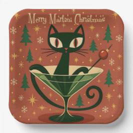 Mid Century Black Cat Merry Martini Christmas Pappteller