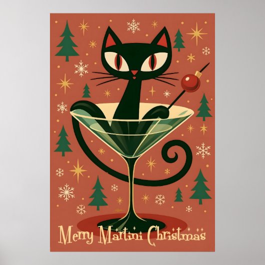 Mid Century Black Cat Merry Martini Christmas Poster (Vorne)