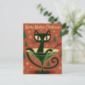 Mid Century Black Cat Merry Martini Christmas Postkarte (Stehend Vorderseite)