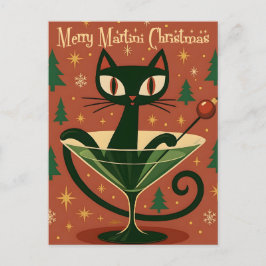 Mid Century Black Cat Merry Martini Christmas Postkarte